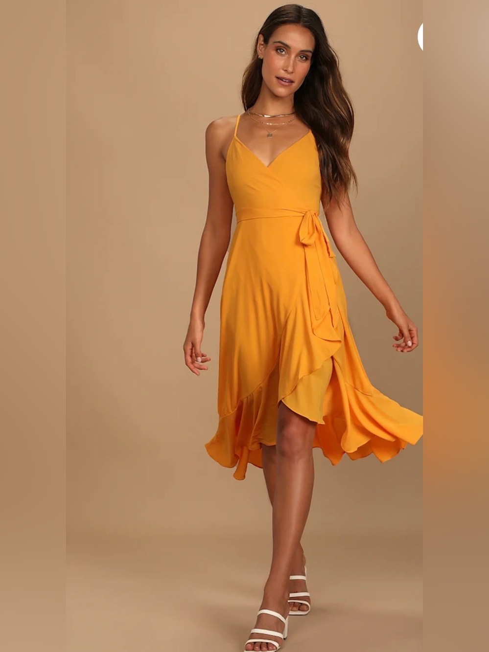 Lulu's Mustard Yellow Wrap Midi Dress with Tie Waist